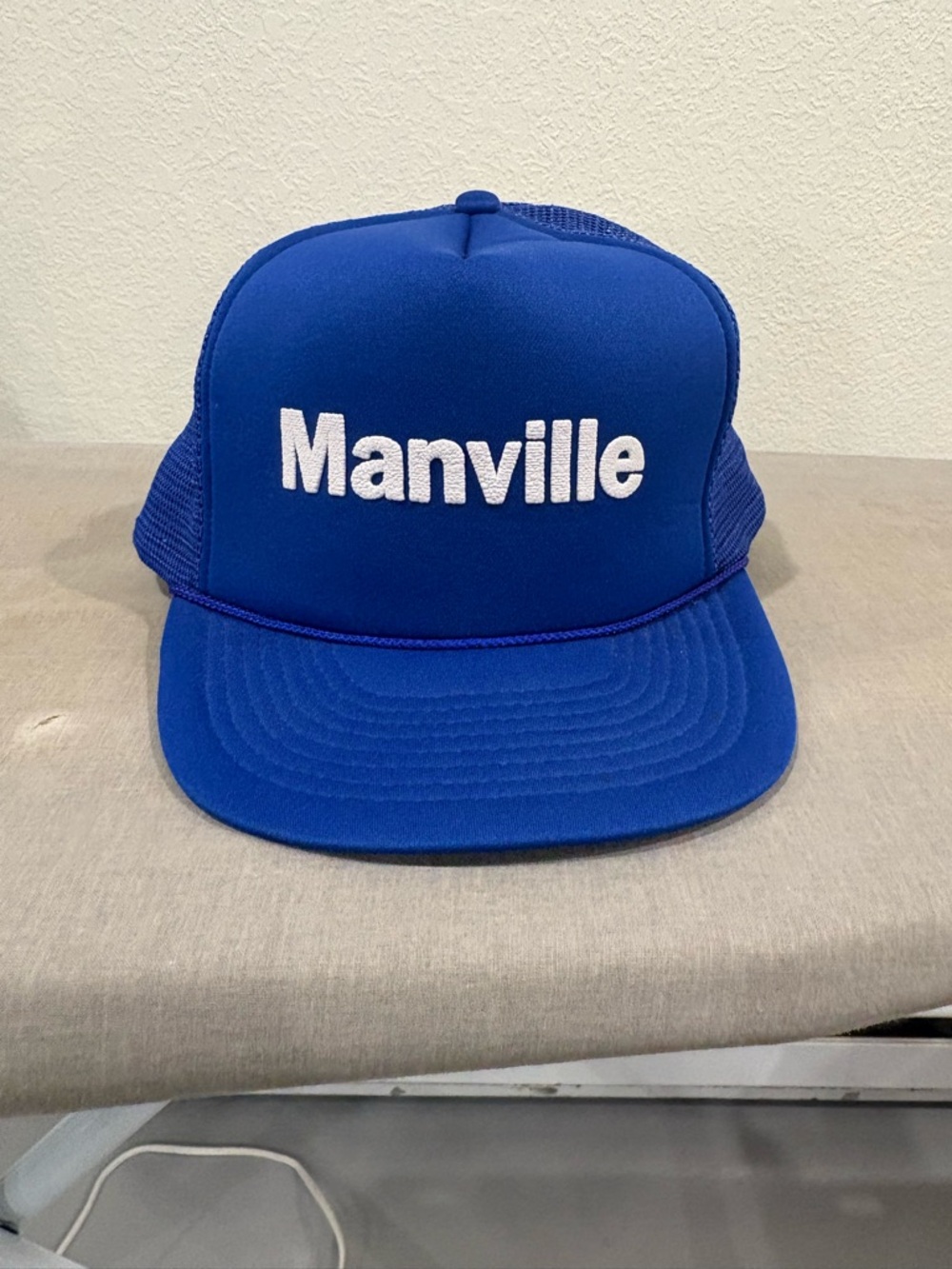 Vintage 80s Manville Corp Trucker Hat Foam Mesh Snapback Blue Industrial wear